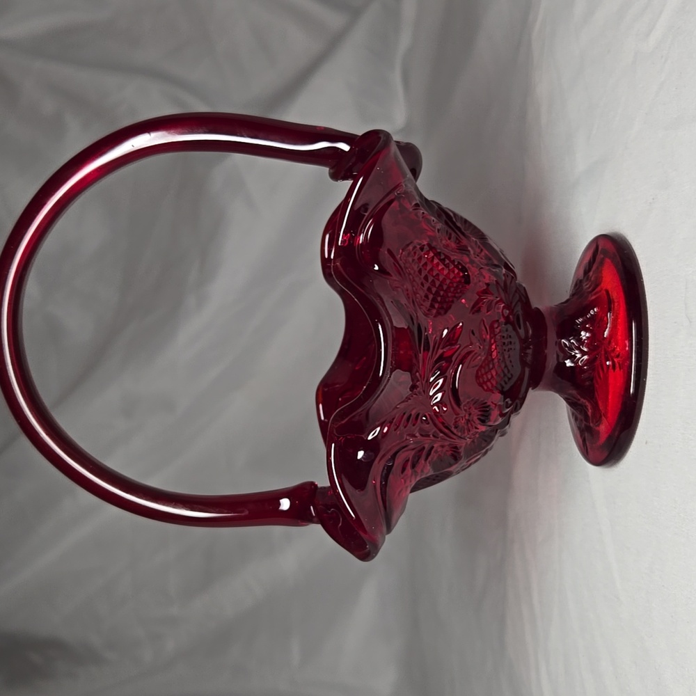 c1920s FENTON? RED GLASS BASKET 7" Strawberry Pattern